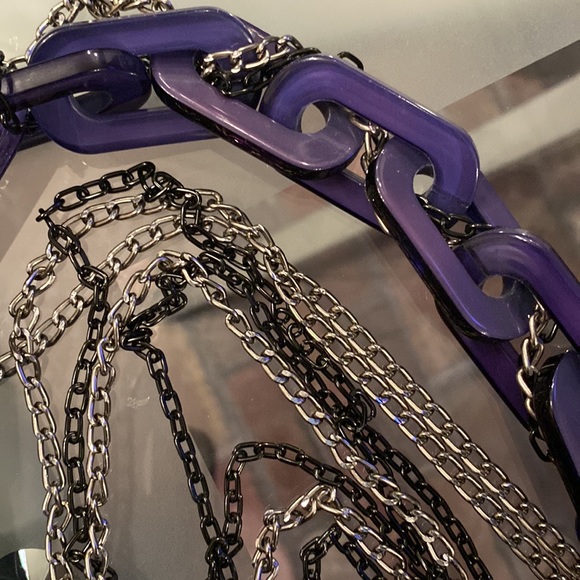 ADIA KIBUR - signed runway necklace w purple lucite links and multi metal chains - Picture 11 of 16